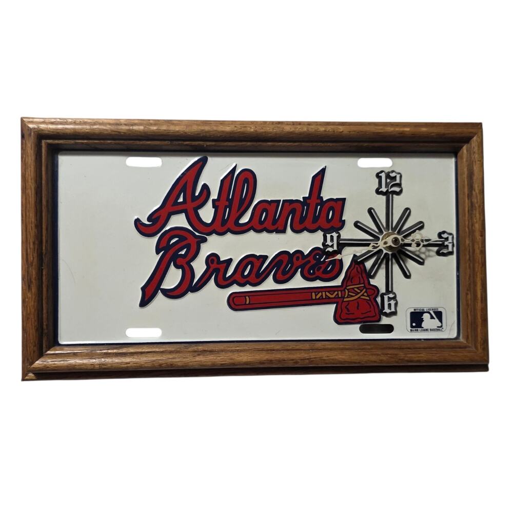 Vintage Atlanta Braves License Plate Wall Clock Wood Frame MLB Tested Works